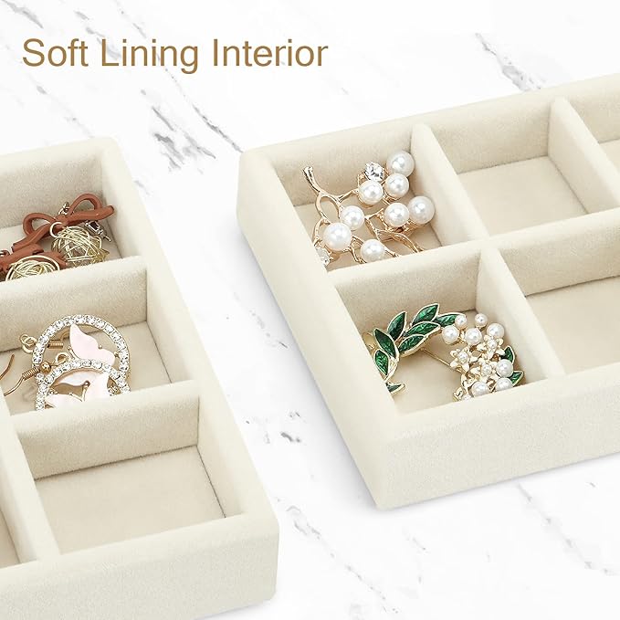 DesignSter Small Jewelry Tray-Ring Organizer 2PCS Premium Velvet Rings Earrings Display Tray Storage Insert Holder for Jewelry Box, Drawer, Dresser (6 Grids, Beige)