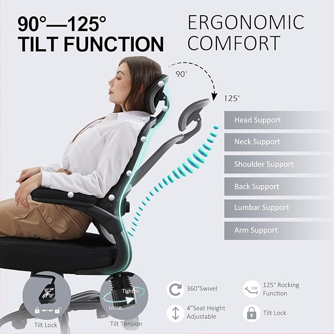 Ergonomic Office Chair,Ultra Thick Office Desk Chair with Adjustable Lumbar Support and Headrest,Spring Cushion,Rocking Function,Flip-up arms,Mesh Computer Chair for Home Office,Black