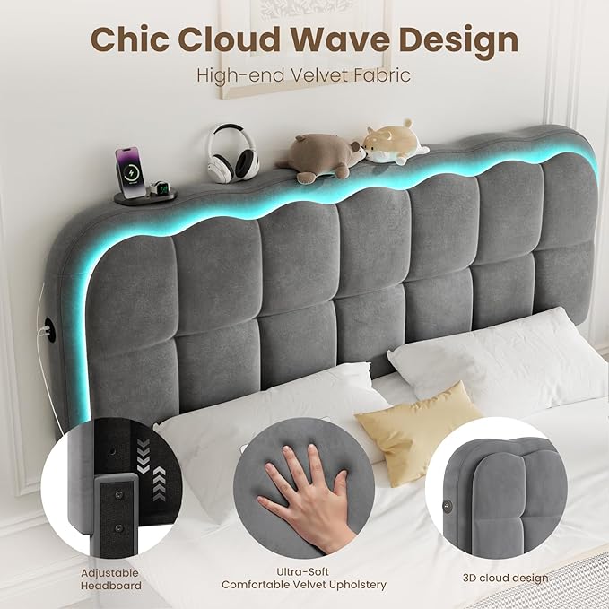 Queen Size Bed Frame with 4 Storage Drawers and LED, Adjustable Clouds Headborad, Velvet Upholstered Platform Queen Bed Frame with Charing Station, Wood Slats Support, No Box Spring Needed,Grey