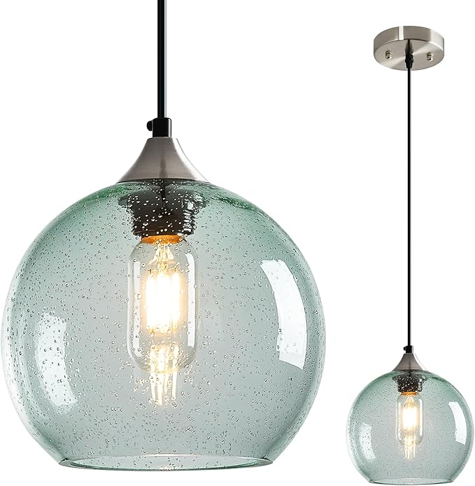 Light Green Glass Pendant Lights Kitchen Island Lighting Globe Pendant Light Fixtures Modern Pendant Lighting for Bedroom Living Dining Room Light Fixture (7.87 in, 1 Pack)