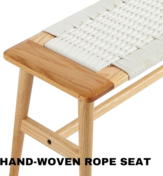 31.5'' Woven Dining Beach with 100% Solid Oak Wood Bench Frame, Hand Knitted Rope Designed Bed End Shoe Bench for Kitchen Bedroom Entryway, White