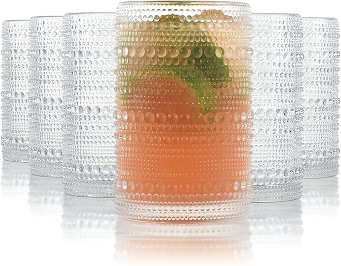 Hobnail Drinking Glasses Set of 6, Vintage Colored Glassware 14.5oz, Tall Beverage Glass Cups for Water, Juice, Cocktail (Clear)