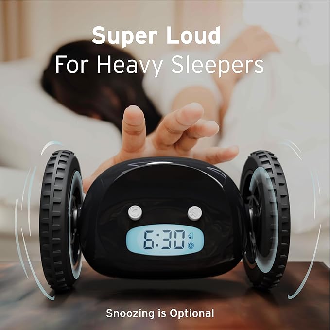 CLOCKY Extra Loud Alarm Clock for Heavy Sleepers on Wheels Rolls Runaway Vibrating Easy To Set Super Smart Snooze Digital Bed Shaker Alarm Clock Funny Gift for Adults Kids Teens Bedroom (Black Wheels)