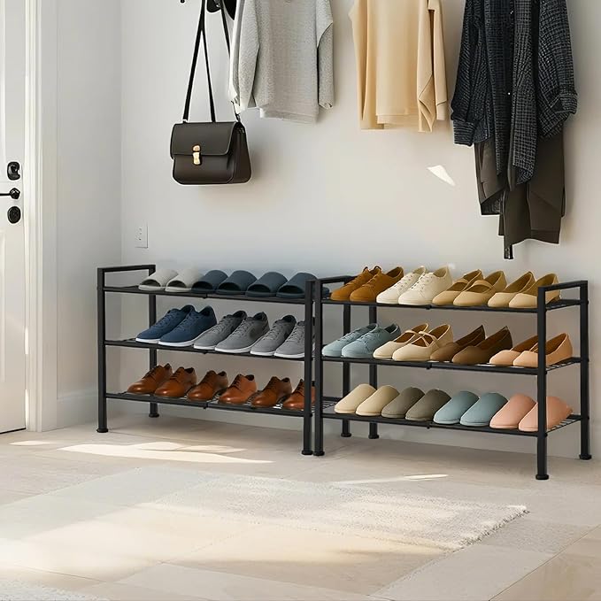 Simple 3 Tier Shoe Rack,Metal Stackable Shoe Storage Organizer for Closet,Entryway, Bedroom, Black (Black, 3-Tier)