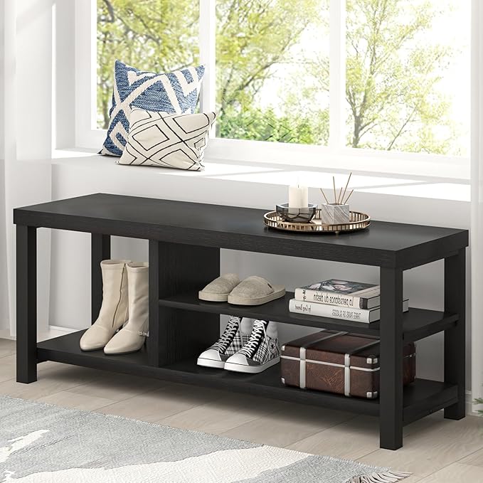 EXCEFUR Shoe Bench, Rustic Wooden Storage Bench for Entryway Hallway, Industrial Indoor Shoe Rack Bench Seat for Living Room Bedroom, 43.3 Inch Black