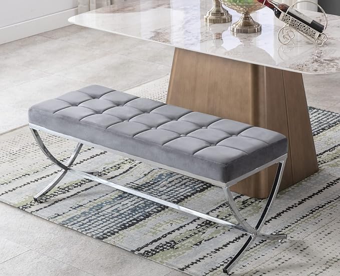 EALSON Modern Entryway Bench Velvet Upholstered Dining Bench with Metal Base Button Tufted Ottoman Bench with Padded Seat Accent Foot Bench for Bedroom End of Bed/Living Room, Grey