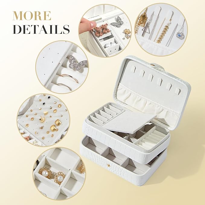 PU Leather Small Jewelry Box for Women Girls, Double Layers Travel Portable Jewelry Case for Ring, Pendant, Earring, Necklace, Bracelet Organizer Storage Holder Boxes, White