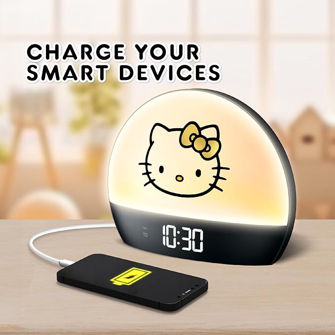 Hello Kitty Sunrise Alarm Clock - Multicolor Lights, USB Charging, LED Display, and Snooze Function