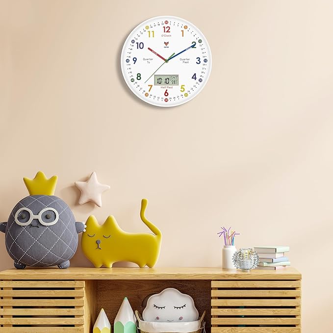 Foxtop Digital and Analog Learning Clock for Kids - Telling Time Teaching Clock 12 Inch Silent Non-Ticking Battery Operated Kids Wall Clock for Kids Room Playroom Nursery Classroom School (White)