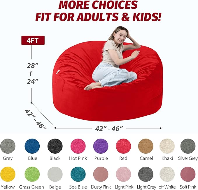 4FT Bean Bag Chair with Ultra Soft Velvet Cover Bean Bag Sofa with Memory Foam Bean Bag Chairs with Large Size Lazy Sofa for Dorm Office Living Room Bedroom Red 4'