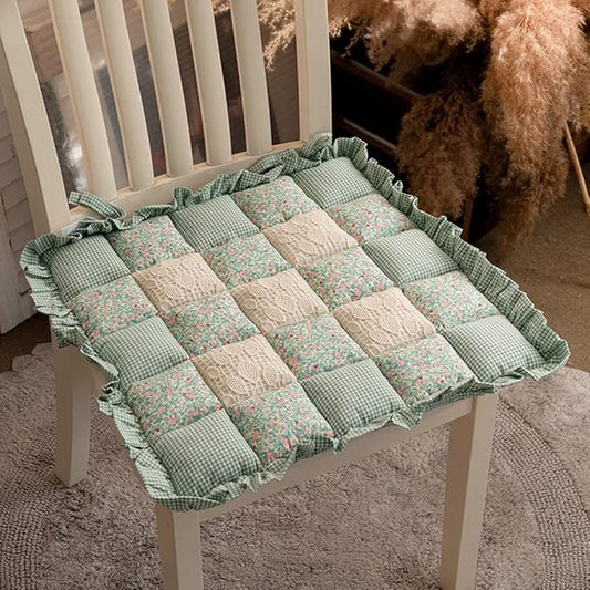 vctops Lace Patchwork Chair Pad Cushion with Ties, Elegant Ruffle Edge Decorative Cushions Farmhouse Floral Pattern Square Seat Cushion for Kitchen Dining Room Office (Type K,16"x16")