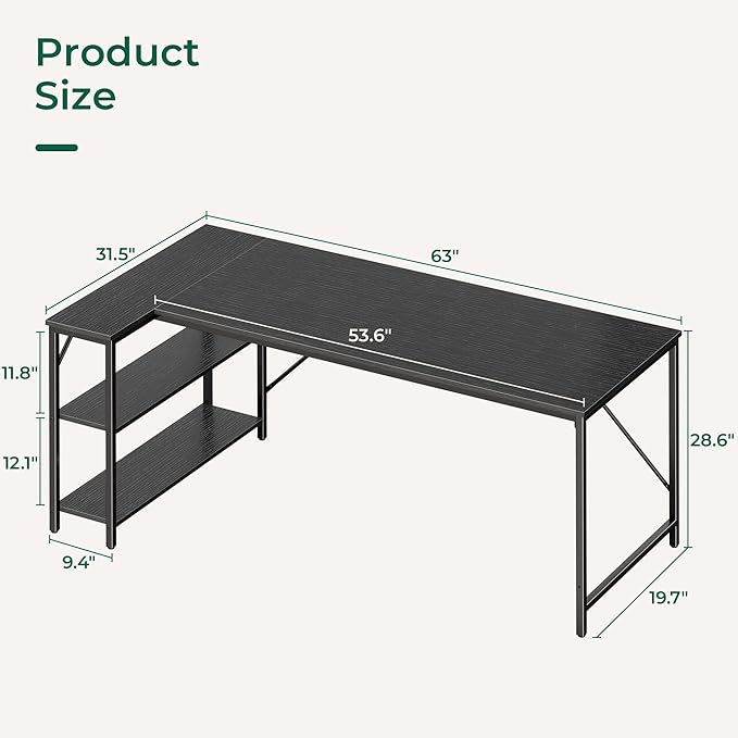 Huuger L Shaped Desk, 63 Inches Computer Desk with Reversible Storage Shelves, Gaming Corner Home Office Writing Study, Metal Frame, Black