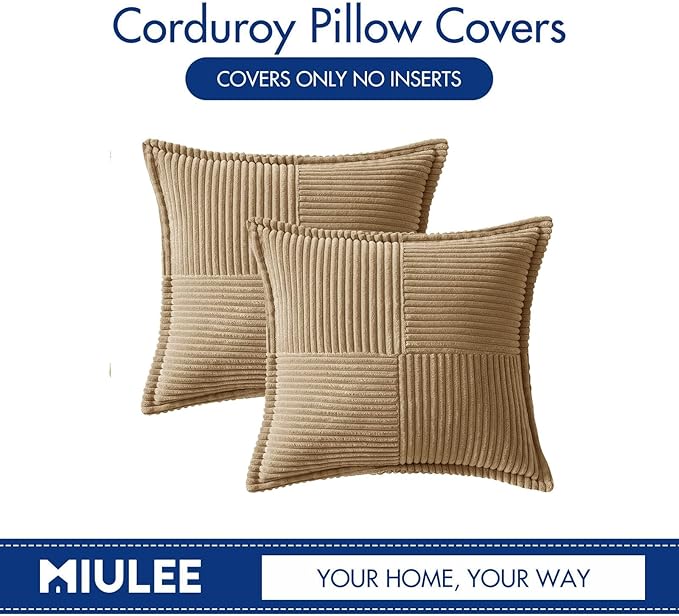 MIULEE Decorative Euro Sham Throw Pillow Covers for Couch Bed Livingroom 26x26 Inch Set of 2 Khaki Boho Accent Throw Pllows Broadside Striped Patchwork Soft Corduroy Pillowcases