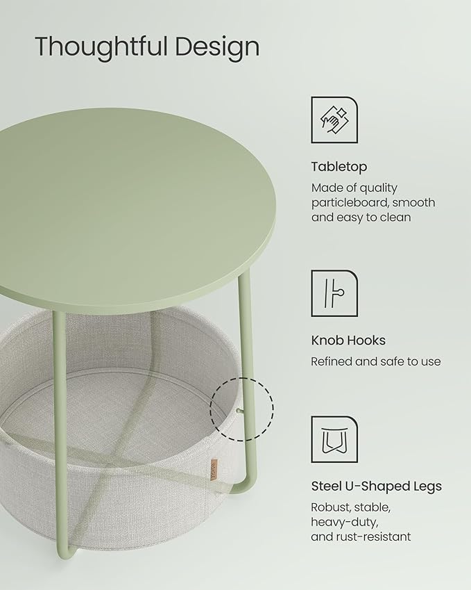 VASAGLE Small Round Side End Table, Modern Nightstand with Fabric Basket, Laurel Green and Cream White ULET223C69