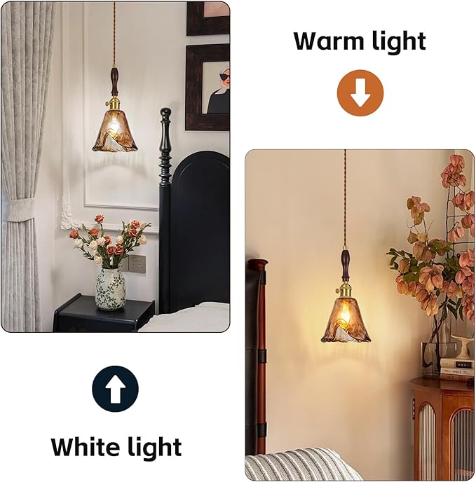 Amber Glass Vintage Pendant Light Height Adjustable Handmade Glass Pendant Lights Kitchen Island Gold Hanging Light Fixture with Wood Handle for Bedroom Dining Room Hotel (2 Pack)