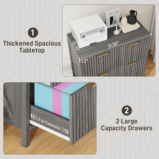 2-Drawer Fluted File Cabinet, Lateral Filing Cabinet for Home Office Printer Stand for A4 Letter Legal Size Documents