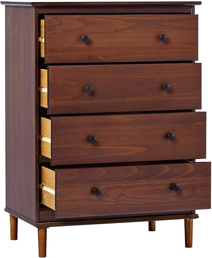 Walker Edison Modern Tall 4-Drawer Solid Wood Dresser Bedroom Storage Drawer Organizer Closet Hallway, 40 Inch, Walnut