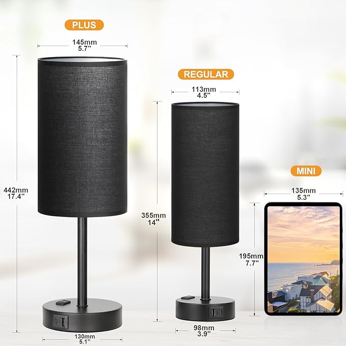 Touch Nightstand Lamp - Black, 3-Way Dimmable, USB A + C Charging, AC Outlet, 17.4inch Medium