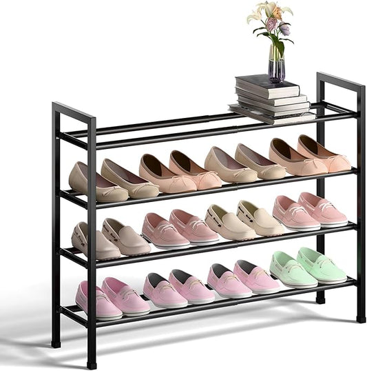 Bumusty 4-Tier Expandable Shoe Rack for Closet, 18“-33” Adjustable Shoe Rack for Small Space, Small Shoe Organizer for Front Door, Sturdy Metal, Black