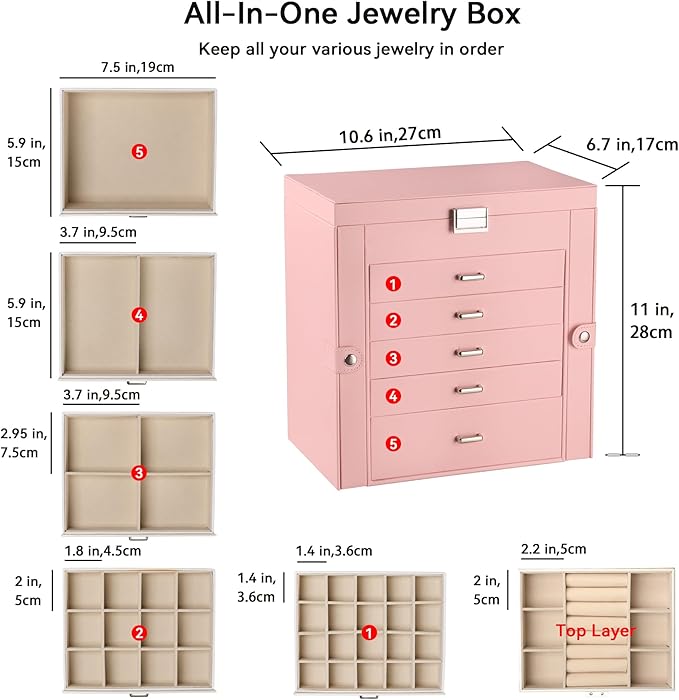 Frebeauty Large Jewelry Box,6-Tier PU Leather Jewelry Organizer,Multi-functional Storage Case with Mirror,Accessories Holder with 5 Drawers for Necklace Bracelets Watches(Pink)