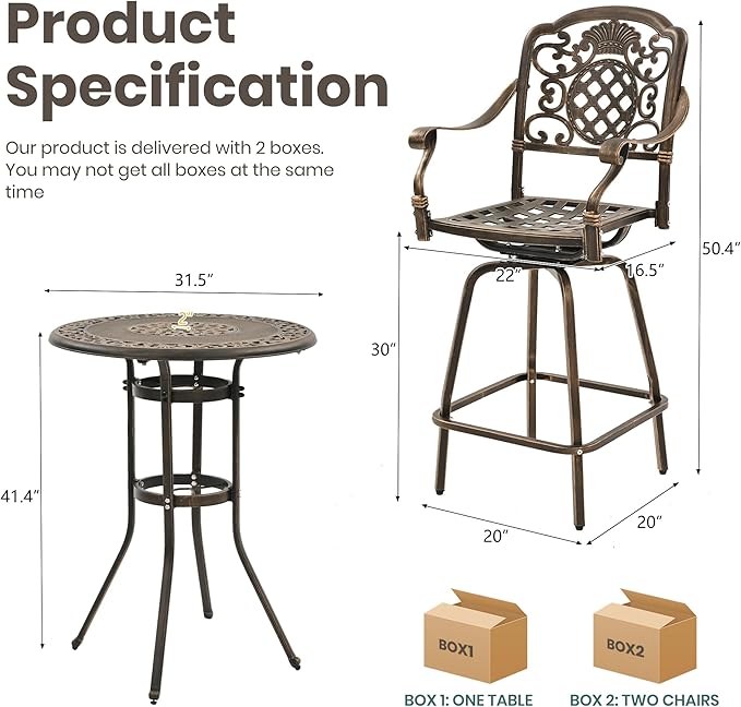 Pamapic 3-Piece Patio Swivel Bar Stools Set，Rustproof Cast Aluminum Patio Bar Sets 2，All-Weather High TopTable and Chairs Furniture Set Garden, Balcony, Bronze