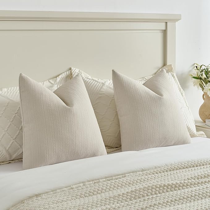 FUTEI Beige Decorative Throw Pillow Covers 26x26 Inch Set of 2,Soft Cozy Wheat Ear Striped Patterns Euro Pillow Shams,Modern Home Decor for Couch Bed Living Room