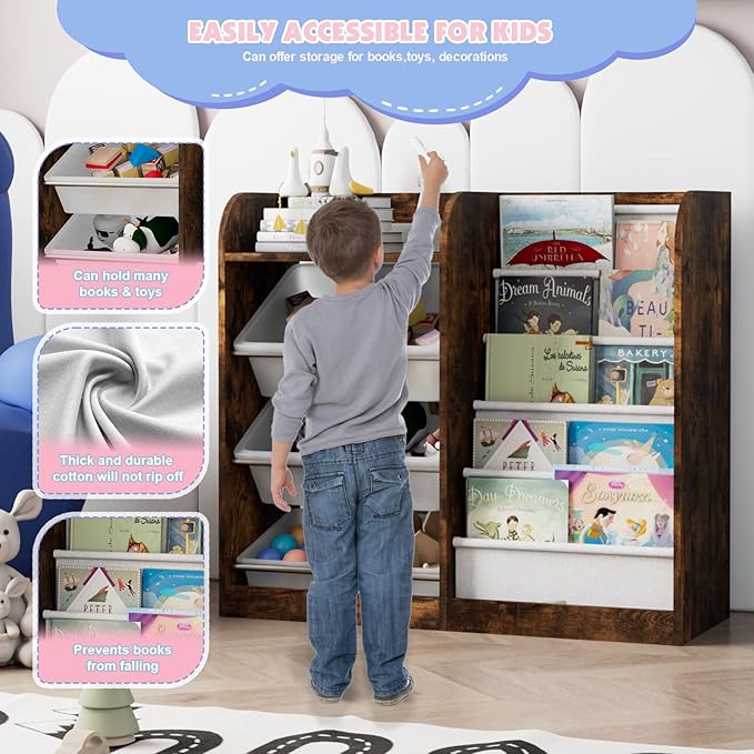 Rustic Kids Wood Bookshelf Toy Storage Box Organizer Shelf W/4 Removable Plastic Toy Bins Children Bookcase Toddler Baby Sling Book Rack Cabinet Chest Girl Boy Gift Playroom Classroom Bedroom Nursery