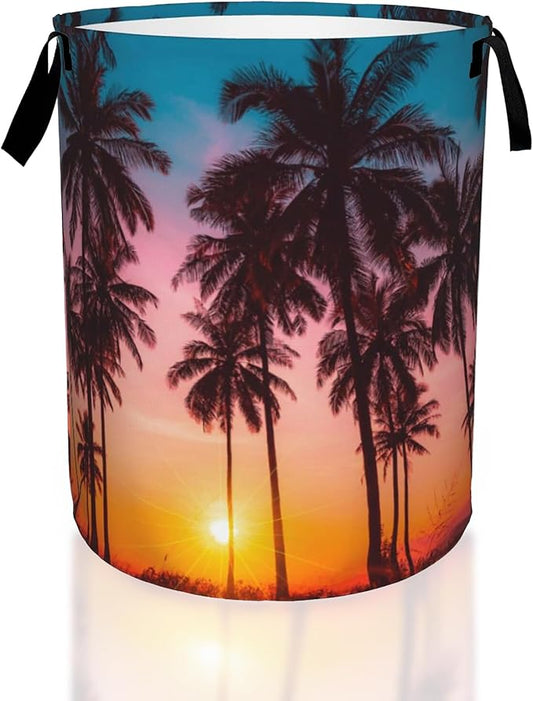 Laundry Hamper, Beach Palm Trees Sunset Landscape Laundry Basket,Waterproof Foldable Storage Bin for Bedroom,Clothes Organizer Basket,Toys Box 16x20 Inch