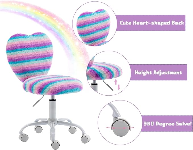 Kmax Kids Reading Chair, Rolling Cute Desk Chair for Girls Swivel Office Chair with Wheels & Heart Back Adjustable Childrens Vanity Chair for Bedroom Reading Room - Faux Fur, Rainbow