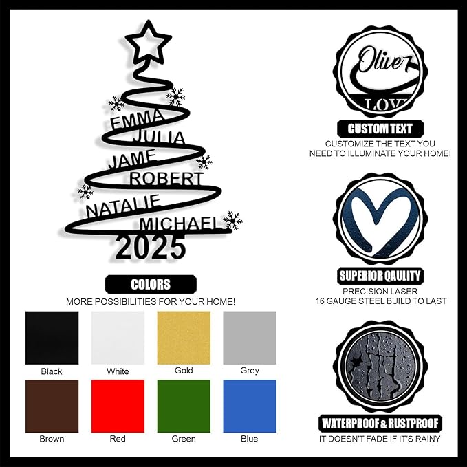 Personalized Christmas Tree Metal Sign, Custom Signs Outdoor Metal Wall Decor, Merry Christmas Tree Signs Wall Decoration for Home Living Room, Bedroom, Office, Garden, Porch