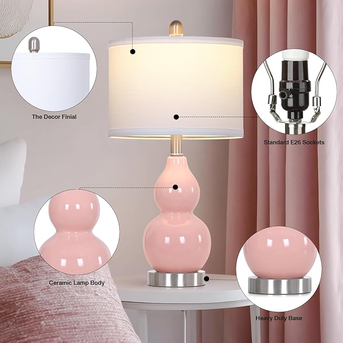 22" Double Gourd Ceramic Table Lamps Set of 2, Pink Modern Bedside Lamps for Living Room, Contemporary Nightstand Desk Lamps for Bedroom End Table Home Office Decor(2 LED Bulbs Included)
