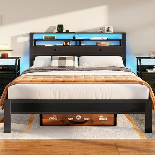 Furnulem Queen Bed Frame with Headboard & 2 Fabric Drawers, Bed Frame Queen Size Featuring LED Lights, Built-in Charging Station & Storage Shelves, Metal Slats, No Box Spring Needed – Black Oak