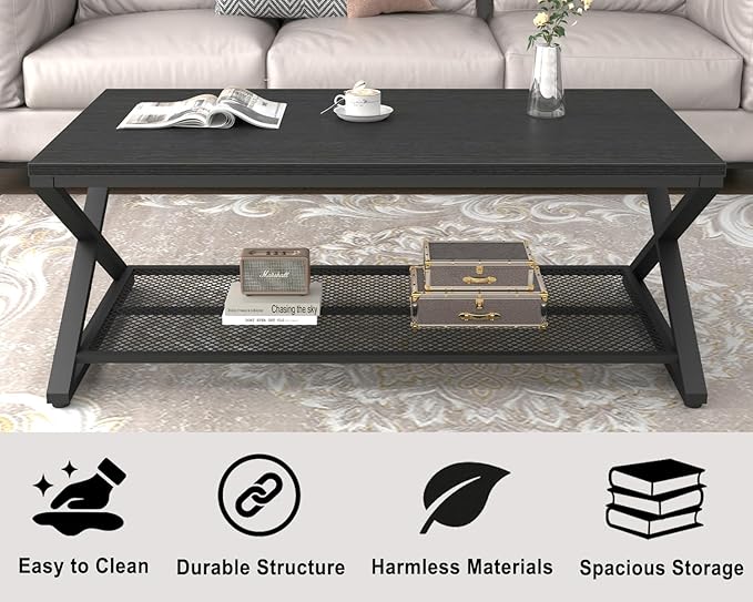 LVB Black Coffee Table, Wood Metal 2 Tier Center Tables with Storage Shelf, Modern Rectangular Concrete Tea Table for Living Room, Wooden Middle Cocktail Table for Office Bedroom, 47 inch, Black Oak