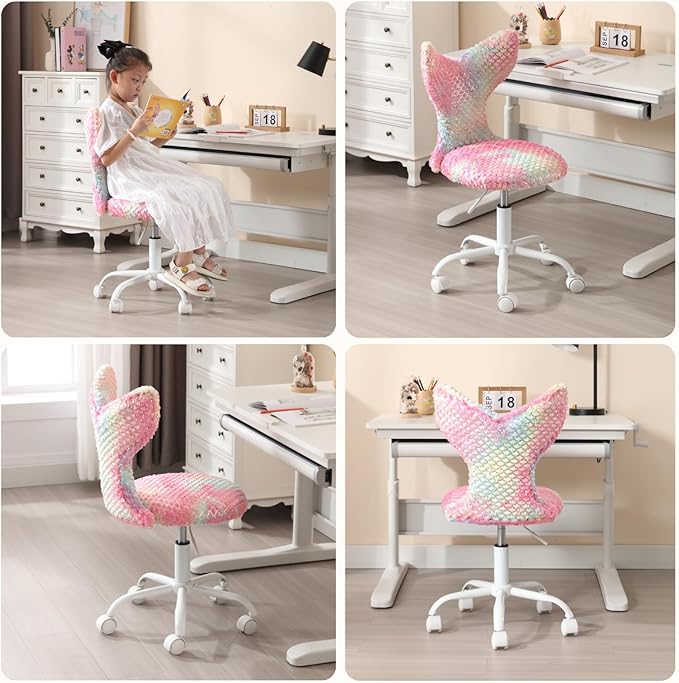 Fuzzy Desk Chair, Cute Swivel Children Desk Chair with Wheels for Kids Bedroom Upholstered Rolling Study Chair Adjustable Computer Chair Mermaid Back Vanity Chair for Teen Girls Boys, Red Colorful