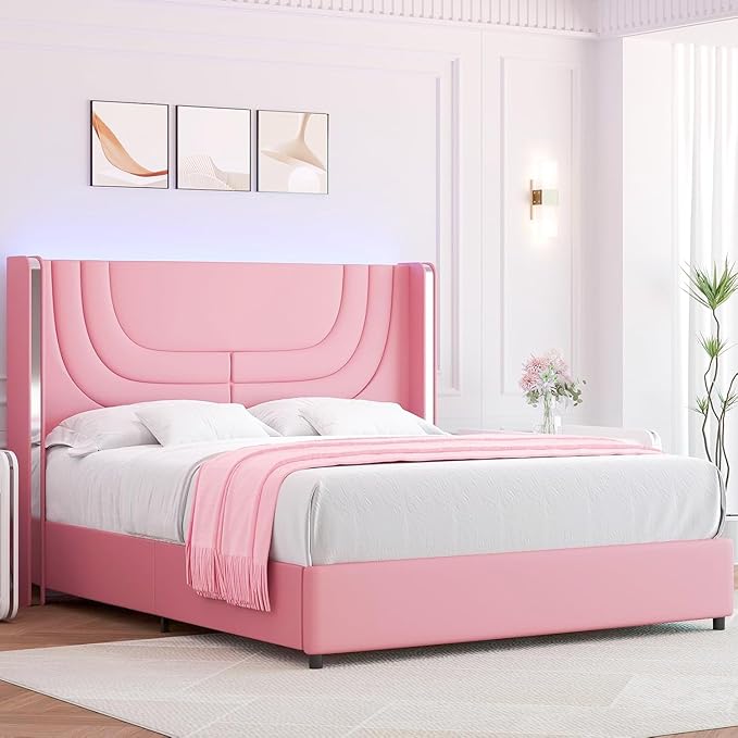 Pink Full Size Bed Frame with LED Lights, Faux Leather Upholstered Platform with Silver Wingback Headboard, Modern Style, No Box Spring Needed, Easy Assembly