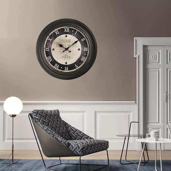 16 Inch Vintage Wall Clock, Silent Non-Ticking Quartz Battery Operated Decorative Clock for Home, Kitchen, Living Room, Dining Room, Office, Dark Brown Roman Number