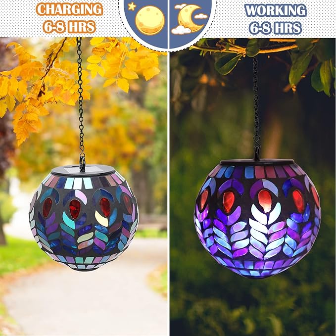 Hanging Solar Lantern Outdoor Waterproof - Solar Gazing Ball Mosaic Outdoor Hanging Lights Hanging Lantern Garden, Patio, Pathway & Yard Décor