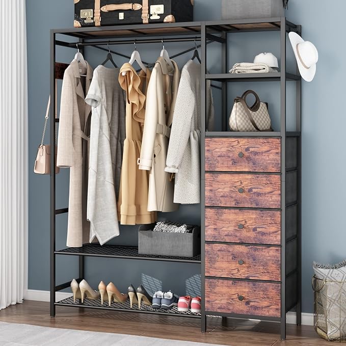 Loomie Heavy Duty Clothes Rack for Hanging Clothes with 5 Shelves & 5 Drawers, Metal Freestanding Clothing Rack with Five Hooks, Garment Rack Closet Wardrobe Rack, 70.87H x 59.06W,Max 900lbs,Rustic