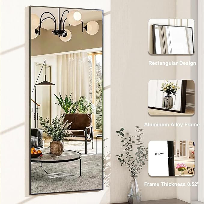 HARRITPURE 21"x56" Full Length Mirror Floor Rectangle Mirrors Aluminum Frame Standing Wall & Leaning Large Dressing Mirror for Living Room Bedroom Cloakroom,Black