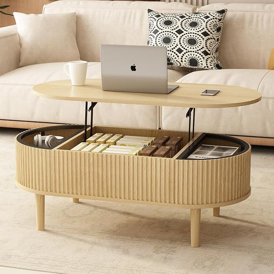 Ludatido 39 Inch Lift Top Coffee Table with 3 Storage for Living Room, Oval Coffee Table with Hidden Compartment, Fully Wooden Center Easy to Assembled for Home Living Room Office Burlywood
