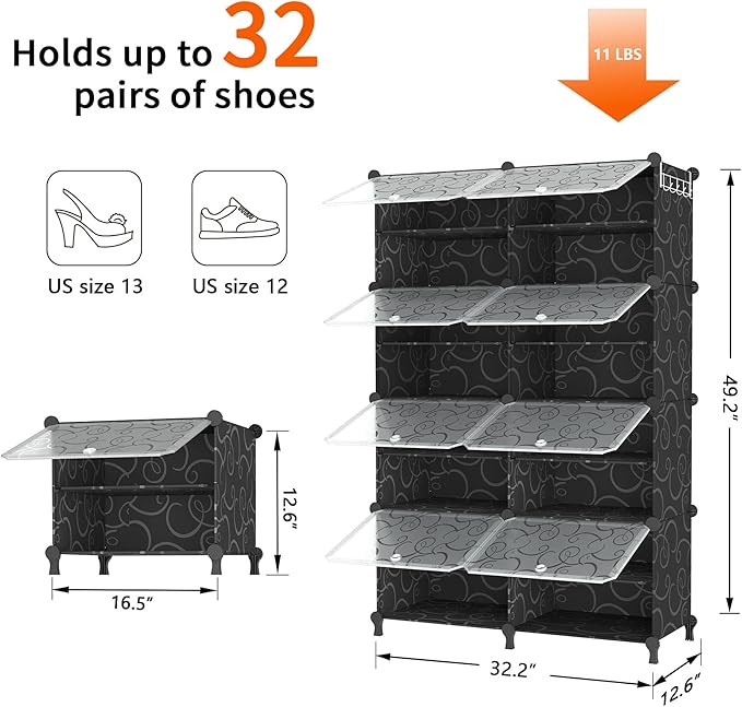 AWTATOS Shoe Rack, 8 Tier Shoe Storage Cabinet with Door, 32 Pair Shoe Organizer Shelves for Closet Hallway Bedroom Entryway, Black