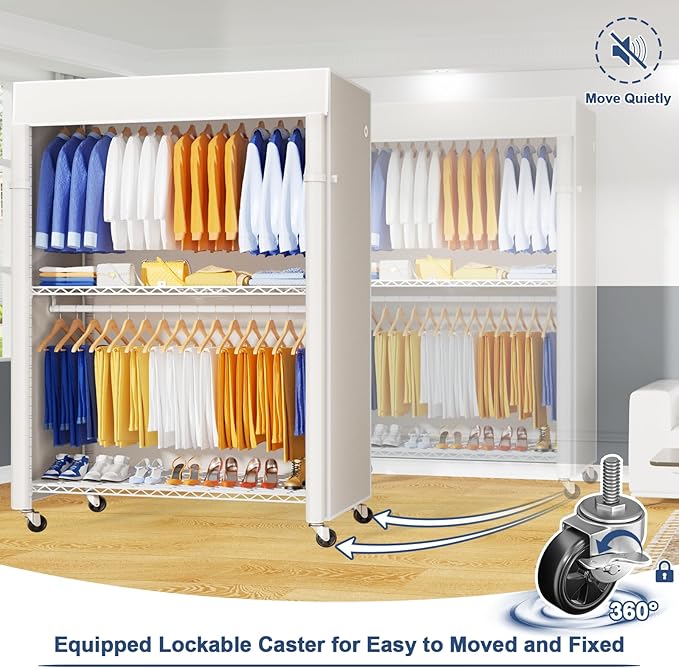 P8C Heavy Duty Clothes Rack（With Extended Width Design） Rolling Clothing Racks for Hanging Clothes with Lockable Wheels，51.2"W x 15.8"D x 80.5"H，Max Load 700LBS，White Rack with White Cover