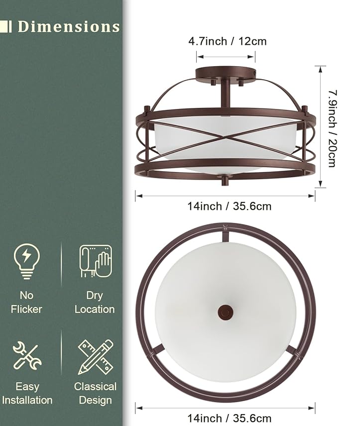 Entryway Drum Light Fixtures, Semi-Flush Mount Rustic Ceiling Light for Hallway Living Room Bedroom Kitchen (Old Bronze Finished)