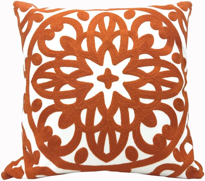 Alysheer Embroidered Decorative Throw Pillow Cover 20"x 20", Boho Mandala Modern Thick Embroidery Pattern, Durable Cotton Canvas Soft Cushion Case for Sofa Couch Bed Living Room (Burnt Orange)