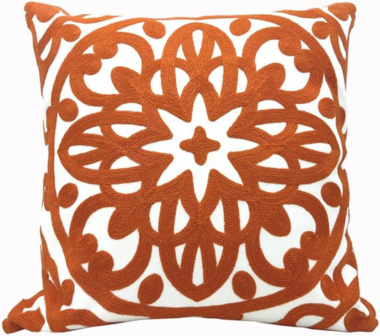 Alysheer Embroidered Decorative Throw Pillow Cover 20"x 20", Boho Mandala Modern Thick Embroidery Pattern, Durable Cotton Canvas Soft Cushion Case for Sofa Couch Bed Living Room (Burnt Orange)