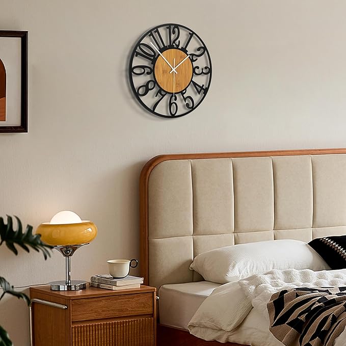 Maxstar Wall Clock Battery Operated,Silent Non-Ticking Modern Rustic Metal Round Clocks Small for Living Room/Bedroom/Office/Kitchen/Farmhouse Home Decor-14 Inch(Yellow-Wood)