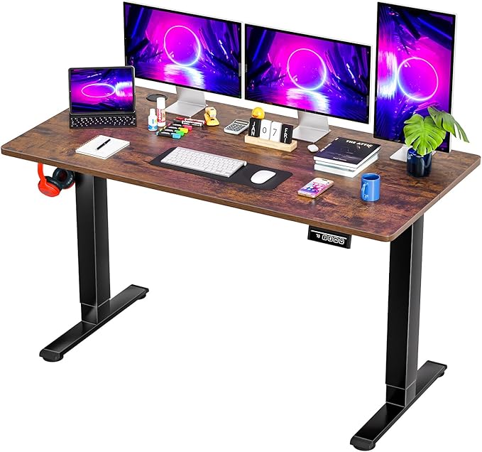 PayLessHere 55 Inch Electric Standing Desk Computer Desk with Large Space and Headphone Holder Office Desk with Electric Lifting and 2 Memory Function for Office Meeting Room,Brown