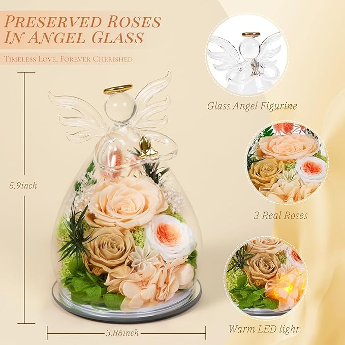 Gifts for Women Christmas Flowers for Delivery Birthday Gifts for Mom Grandma Preserved Rose Forever Flower in Glass Angel Figurines Fresh Bouquet Anniversary for Wife Sister Mother Friends