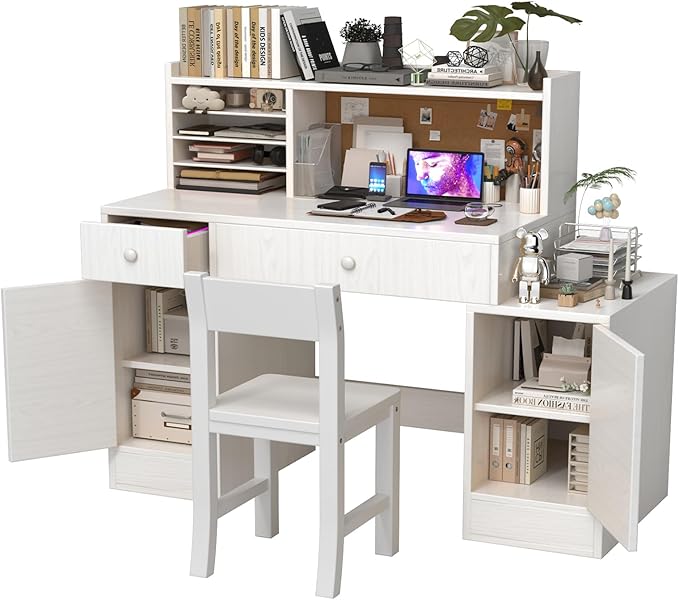 Wooden Kids Desk and Chair Set, 2 Drawers and 4 Storage Cabinets, Children Study Desk with Hutch and Shelves, Boys & Girls Study Desks for Kids Bedroom (White)