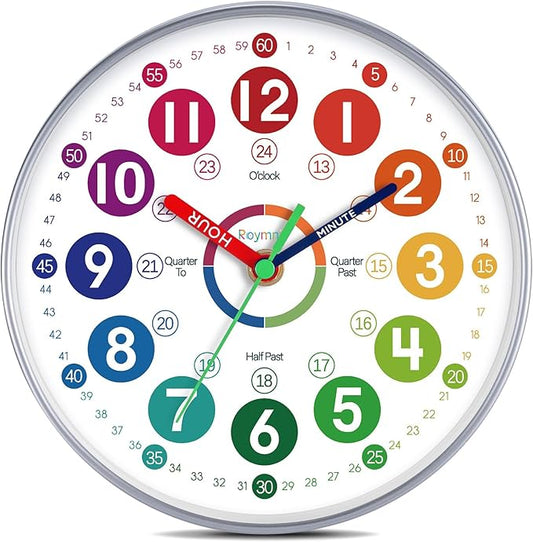 Learning Clock for Kids 14 Inch Large Learning to Tell Time Easily Colorful Teaching Time Clock Silent Non Ticking Battery Operated Decorative for Kids Room Classroom School Bedroom